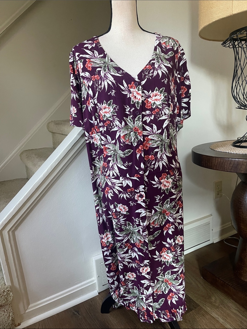 CJ banks Floral Print Dress on plum Short Sleeve Button Down Ruffled Hem 24W